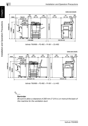 Page 471Installation and Operation Precautions
1-16 bizhub 750/600
Installation and Operation Precautions
Chapter 1
2
Reminder 
Be sure to allow a clearance of 200 mm (7-3/4 in.) or more at the back of 
this machine for the ventilation duct.
bizhub 750/600 + FS-602 + PI-501 + ZU-602
bizhub 750/600 + FS-602 + PI-501 + LU-402
Downloaded From ManualsPrinter.com Manuals 