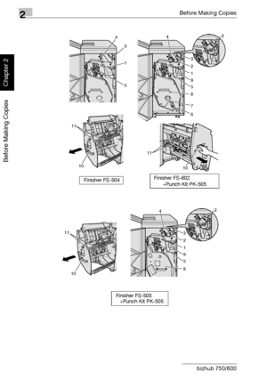 Page 592Before Making Copies
2-10 bizhub 750/600
Before Making Copies
Chapter 2
4
34
3
1
1
59 2
5
8
7
62
10
10 11
11
Finisher FS-602Finisher FS-504
+Punch Kit PK-505
Finisher FS-505
+Punch Kit PK-505
4
3
1
9 2
5
82
10 11
Downloaded From ManualsPrinter.com Manuals 