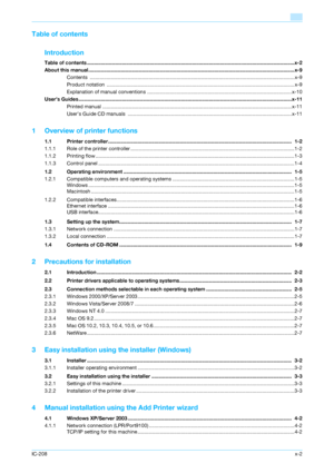 Page 3IC-208x-2
Table of contents
Introduction
Table of contents ....................................................................................................................................................x-2
About this manual...................................................................................................................................................x-9
Contents...