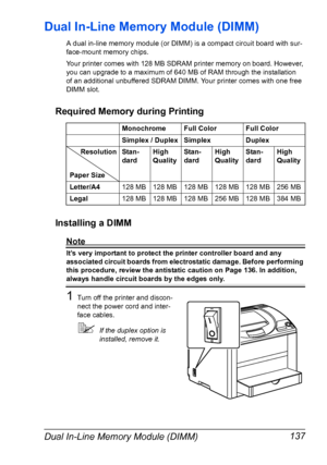 Page 149Dual In-Line Memory Module (DIMM) 137
Dual In-Line Memory Module (DIMM)
A dual in-line memory module (or DIMM) is a compact circuit board with sur-
face-mount memory chips.
Your printer comes with 128 MB SDRAM printer memory on board. However, 
you can upgrade to a maximum of 640 MB of RAM through the installation 
 
of an additional unbuffered SDRAM DIMM. Your printer comes with one free 
DIMM slot.
Required Memory during Printing
Installing a DIMM
Note
It’s very important to protect the printer...