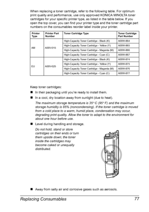 Page 89Replacing Consumables 77
When replacing a toner cartridge, refer to the following table. For optimum 
print quality and performance, use only approved KONICA MINOLTA toner 
cartridges for your specific printer type, as listed in the table below. If you 
open the top cover, you can find your printer type and the toner cartridge part 
numbers on the consumables reorder label inside your printer.
Keep toner cartridges: 
„In their packaging until you’re ready to install them.
„In a cool, dry location away...