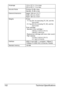 Page 164Technical Specifications 152
Amperage110 to 127 V: 11 A or less 
220 to 240 V: 7 A or less 
Acoustic NoisePrinting: 52 dB or less
Standby: 35 dB or less
External dimensionsHeight: 349 mm (13.7)
Width: 430 mm (16.9)
Depth: 395 mm (15.6)
WeightsPrinter:
17.3 kg (38.1 lb) (excluding TC, DC, and the 
dust cover)
21.0 kg (46.2 lb) (including TC, DC, and the 
dust cover)
Toner cartridge: 
Standard in-box cartridge = 
0.65 kg (1.43 lb) (Y, M, C) 
0.66 kg (1.46 lb) (K)
Replacement cartridge (with toner roller...