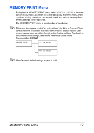 Page 115MEMORY PRINT Menu 101
MEMORY PRINT Menu
To display the MEMORY PRINT menu, select MEMORY PRINT in the main 
screen (Copy mode), and then press the Select key. From this menu, mem-
ory direct printing operations can be performed, and various memory direct 
printing settings can be specified.
The MEMORY PRINT menu is structured as shown below.
This menu item appears only if an optional hard disk kit or a CompactFlash 
card is installed. In addition this menu item does not appear if public user 
access has...
