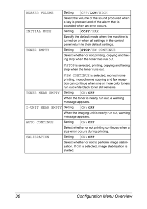 Page 50Configuration Menu Overview 36
BUZZER VOLUMESettingOFF / LOW / HIGH
Select the volume of the sound produced when 
a key is pressed and of the alarm that is 
sounded when an error occurs.
INITIAL MODESettingCOPY / FAX
Specify the default mode when the machine is 
turned on or when all settings in the control 
panel return to their default settings.
TONER EMPTYSettingSTOP / BW CONTINUE
Select whether or not printing, copying and fax-
ing stop when the toner has run out.
If 
STOP is selected, printing,...