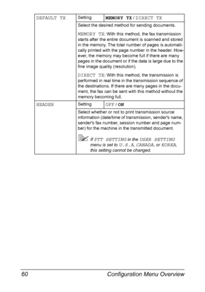 Page 74Configuration Menu Overview 60
DEFAULT TXSettingMEMORY TX / DIRECT TX
Select the desired method for sending documents.
MEMORY TX: With this method, the fax transmission 
starts after the entire document is scanned and stored 
in the memory. The total number of pages is automati-
cally printed with the page number in the header. How-
ever, the memory may become full if there are many 
pages in the document or if the data is large due to the 
fine image quality (resolution).
DIRECT TX: With this method,...