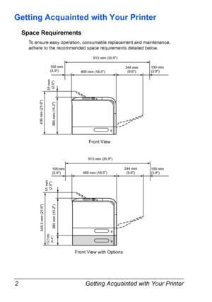 Page 16Getting Acquainted with Your Printer 2
Getting Acquainted with Your Printer
Space Requirements
To ensure easy operation, consumable replacement and maintenance, 
adhere to the recommended space requirements detailed below.
Front View with OptionsFront View
913 mm (35.9)
100 mm 
(3.9) 100 mm 
(3.9)
469 mm (18.5)244 mm 
(9.6)
436 mm (21.6)
385 mm (15.2)51 mm 
(2.0)
913 mm (35.9)
100 mm 
(3.9) 100 mm 
(3.9)469 mm (18.5)244 mm 
(9.6)
11 2 . 5
 mm(4.4)
51 mm 
(2.0) 548.5 mm (21.6)
385 mm (15.2)
Downloaded...