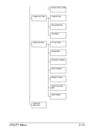 Page 24UTILITY Menu2-13
DETECT DIAL TONE
COMM. SETTING TONE/PULSE
LINE MONITOR
PSTN/PBX
USER SETTING PTT SETTING
DATE&TIME
DAYLIGHT SAVING
DATE FORMAT
PRESET ZOOM
USER FAX NUM-
BER
USER NAME
SUPPLIES 
REPLACE
Downloaded From ManualsPrinter.com Manuals 