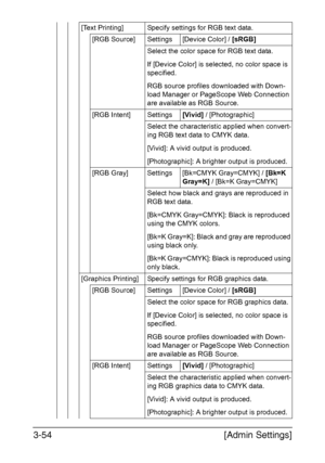 Page 101[Admin Settings] 3-54
[Text Printing] Specify settings for RGB text data.
[RGB Source] Settings [Device Color] / [sRGB]
Select the color space for RGB text data.
If [Device Color] is selected, no color space is 
specified.
RGB source profiles downloaded with Down-
load Manager or PageScope Web Connection 
are available as RGB Source.
[RGB Intent] Settings[Vivid] / [Photographic]
Select the characteristic applied when convert-
ing RGB text data to CMYK data.
[Vivid]: A vivid output is produced....