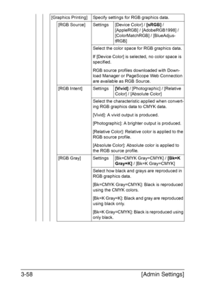 Page 105[Admin Settings] 3-58
[Graphics Printing] Specify settings for RGB graphics data.
[RGB Source] Settings [Device Color] / [sRGB] / 
[AppleRGB] / [AdobeRGB1998] / 
[ColorMatchRGB] / [BlueAdjus-
tRGB]
Select the color space for RGB graphics data.
If [Device Color] is selected, no color space is 
specified.
RGB source profiles downloaded with Down-
load Manager or PageScope Web Connection 
are available as RGB Source.
[RGB Intent] Settings[Vivid] / [Photographic] / [Relative 
Color] / [Absolute Color]
Select...