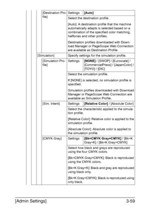 Page 106[Admin Settings]3-59
[Destination Pro-
file]Settings[Auto]
Select the destination profile.
[Auto]: A destination profile that the machine 
automatically adapts is selected based on a 
combination of the specified color matching, 
halftones and other profiles.
Destination profiles downloaded with Down-
load Manager or PageScope Web Connection 
are available as Destination Profile.
[Simulation] Specify settings for the simulation profile.
[Simulation Pro-
file]Settings[NONE] / [SWOP] / [Euroscale] /...