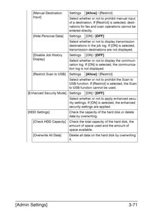 Page 118[Admin Settings]3-71
[Manual Destination 
Input]Settings[Allow] / [Restrict]
Select whether or not to prohibit manual input 
of a destination. If [Restrict] is selected, desti-
nations for fax and scan operations cannot be 
entered directly.
[Hide Personal Data] Settings [ON] / [OFF]
Select whether or not to display transmission 
destinations in the job log. If [ON] is selected, 
transmission destinations are not displayed.
[Disable Job History 
Display]Settings [ON] / [OFF]
Select whether or not to...