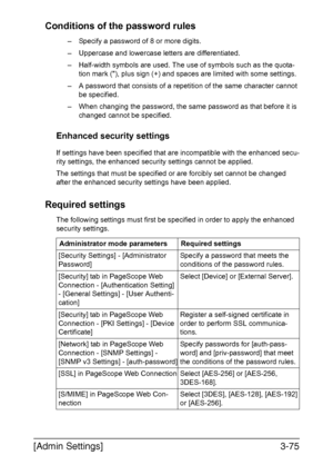 Page 122[Admin Settings]3-75 Conditions of the password rules
– Specify a password of 8 or more digits.
– Uppercase and lowercase letters are differentiated.
– Half-width symbols are used. The use of symbols such as the quota-
tion mark (), plus sign (+) and spaces are limited with some settings.
– A password that consists of a repetition of the same character cannot 
be specified.
– When changing the password, the same password as that before it is 
changed cannot be specified.
Enhanced security settings
If...