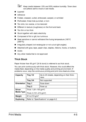 Page 130Print Media4-5
Keep media between 15% and 85% relative humidity. Toner does 
not adhere well to moist or wet media.
„Layered 
„Adhesive
„Folded, creased, curled, embossed, warped, or wrinkled
„Perforated, three-hole punched, or torn 
„Too slick, too coarse, or too textured 
„Different in texture (roughness) on the front and back
„Too thin or too thick
„Stuck together with static electricity
„Composed of foil or gilt; too luminous
„Heat sensitive or cannot withstand the fusing temperature (180°C...