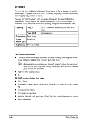 Page 131Print Media 4-6
Envelope
Print on the front (address) side only. Some parts of the envelope consist of 
three layers of paper—the front, back, and flap. Anything printed in these lay-
ered regions may be lost or faded.
You can print continuously with envelope. However, this could affect the 
media feed, depending on the media quality and printing environment. If 
problems occur, stop the continuous printing and print one sheet at a time.
Use envelopes that are
„Common office envelopes approved for laser...