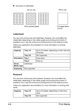 Page 133Print Media 4-8
„Are precut or perforated
Letterhead
You can print continuously with letterhead. However, this could affect the 
media feed, depending on the media quality and printing environment. If 
problems occur, stop the continuous printing and print one sheet at a time.
Check your application documentation for more information on printing 
letterhead.
Postcard
You can print continuously with postcard. However, this could affect the 
media feed, depending on the media quality and printing...