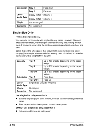 Page 135Print Media 4-10
Single Side Only
Print on the single side only.
You can print continuously with single side only paper. However, this could 
affect the media feed, depending on the media quality and printing environ-
ment. If problems occur, stop the continuous printing and print one sheet at a 
time.
Select this setting when paper that should not be used with double sided 
copying (for example, when on side has already been printed on) is loaded as 
plain paper with a weight of 60–90 g/m².
Use single...