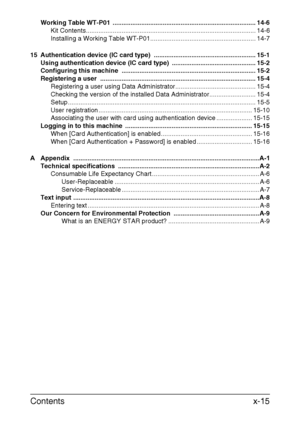 Page 16Contentsx-15
Working Table WT-P01  ................................................................................ 14-6
Kit Contents............................................................................................... 14-6
Installing a Working Table WT-P01........................................................... 14-7
15 Authentication device (IC card type)  ......................................................... 15-1
Using authentication device (IC card type)...