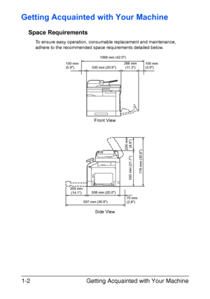 Page 19Getting Acquainted with Your Machine 1-2
Getting Acquainted with Your Machine
Space Requirements
To ensure easy operation, consumable replacement and maintenance, 
adhere to the recommended space requirements detailed below.
Side View Front View
1068 mm (42.0)
100 mm 
(3.9) 150 mm 
(5.9) 530 mm (20.9)288 mm
(11.3)
937 mm (36.9)70 mm 
(2.8) 508 mm (20.0)
776 mm (30.6)
359 mm
(14.1)
226 mm
(8.9) 550 mm (21.7)
Downloaded From ManualsPrinter.com Manuals 