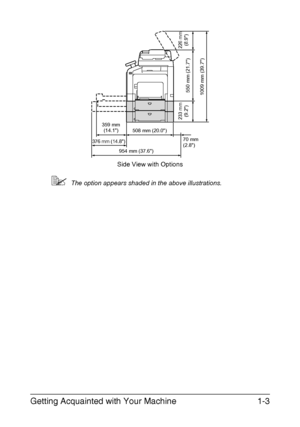 Page 20Getting Acquainted with Your Machine1-3
The option appears shaded in the above illustrations.
Side View with Options
954 mm (37.6)70 mm 
(2.8) 508 mm (20.0)
1009 mm (39.7)
359 mm 
(14.1)
226 mm
(8.9)
550 mm (21.7)
376 mm (14.8)
233 mm
(9.2)
Downloaded From ManualsPrinter.com Manuals 