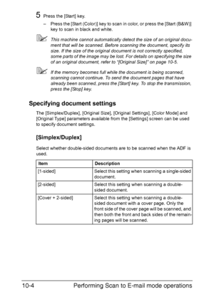 Page 219Performing Scan to E-mail mode operations 10-4
5Press the [Start] key.
– Press the [Start (Color)] key to scan in color, or press the [Start (B&W)] 
key to scan in black and white.
This machine cannot automatically detect the size of an original docu-
ment that will be scanned. Before scanning the document, specify its 
size. If the size of the original document is not correctly specified, 
some parts of the image may be lost. For details on specifying the size 
of an original document, refer to...