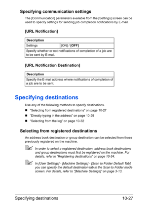 Page 242Specifying destinations10-27 Specifying communication settings
The [Communication] parameters available from the [Settings] screen can be 
used to specify settings for sending job completion notifications by E-mail.
[URL Notification]
[URL Notification Destination]
Specifying destinations
Use any of the following methods to specify destinations.
„“Selecting from registered destinations” on page 10-27
„“Directly typing in the address” on page 10-29
„“Selecting from the log” on page 10-32
Selecting from...