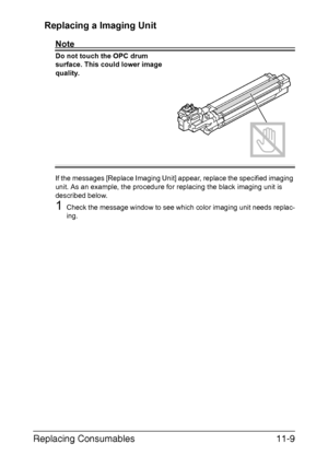 Page 262Replacing Consumables11-9 Replacing a Imaging Unit
Note
Do not touch the OPC drum 
surface. This could lower image 
quality.
If the messages [Replace Imaging Unit] appear, replace the specified imaging 
unit. As an example, the procedure for replacing the black imaging unit is 
described below.
1Check the message window to see which color imaging unit needs replac-
ing.
Downloaded From ManualsPrinter.com Manuals 