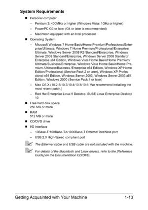 Page 30Getting Acquainted with Your Machine1-13 System Requirements
„Personal computer 
– Pentium 3: 400MHz or higher (Windows Vista: 1GHz or higher)
– PowerPC G3 or later (G4 or later is recommended)
– Macintosh equipped with an Intel processor
„Operating System
– Microsoft Windows 7 Home Basic/Home Premium/Professional/Enter-
prise/Ultimate, Windows 7 Home Premium/Professional/Enterprise/
Ultimate, Windows Server 2008 R2 Standard/Enterprise, Windows 
Server 2008 Standard/Enterprise, Windows Server 2008...