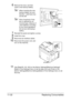 Page 285Replacing Consumables 11-32
6Remove the hook, and then 
insert a new backup battery.
When inserting the new 
backup battery, be sure 
that the + side faces tow-
erd the left.
Risk of explosion if bat-
tery is replaced by an 
incorrect type. Dispose of 
used batteries according 
to your local regulations. 
Do not burn the backup 
battery.
7Reinstall the panel and tighten a screw.
8Install the cover.
9Reconnect all interface cables.
10Reconnect the power cord, and 
turn on the machine.
11Use [Date(XX....