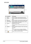 Page 41Touch panel screens 2-10
Job screen
No. Indication Description
1 [Print]  Press to display a screen listing the print jobs.
2 [Send]  Press to display a screen listing the transmission 
jobs.
3 [Receive]  Press to display a screen listing the reception jobs.
4 [Active]/[Log]  Press to display screens listing the jobs currently 
being performed or the job log.
5 Job list Displays the list of jobs.
The job number, user name and job status can be 
checked.
6 [Delete]  Press to delete the selected job. Next,...