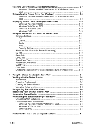 Page 11Contents x-10
Selecting Driver Options/Defaults (for Windows) ....................................... 2-7
Windows 7/Server 2008 R2/Vista/Server 2008/XP/Server 2003/
2000 ...................................................................................................... 2-7
Uninstalling the Printer Driver (for Windows)  ............................................. 2-9
Windows 7/Server 2008 R2/Vista/Server 2008/XP/Server 2003/
2000...