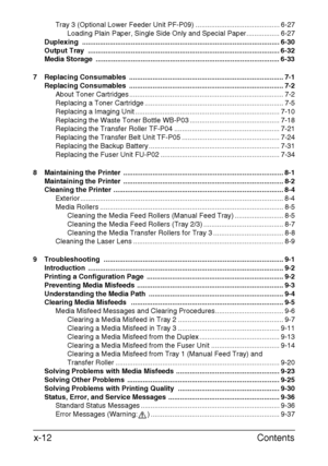 Page 13Contents x-12
Tray 3 (Optional Lower Feeder Unit PF-P09) ........................................... 6-27
Loading Plain Paper, Single Side Only and Special Paper................. 6-27
Duplexing ..................................................................................................... 6-30
Output Tray  .................................................................................................. 6-32
Media Storage...