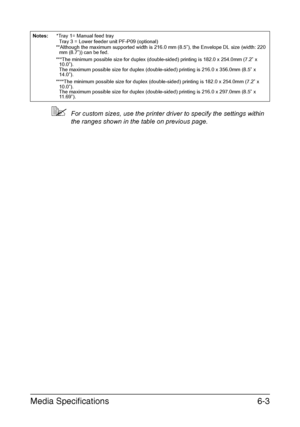 Page 122Media Specifications6-3
For custom sizes, use the printer driver to specify the settings within 
the ranges shown in the table on previous page.
Notes: *Tray 1= Manual feed tray
Tray 3 = Lower feeder unit PF-P09 (optional)
**Although the maximum supported width is 216.0 mm (8.5”), the Envelope DL size (width: 220 
mm (8.7”)) can be fed.
***The minimum possible size for duplex (double-sided) printing is 182.0 x 254.0mm (7.2” x 
10.0”).
The maximum possible size for duplex (double-sided) printing is 216.0...