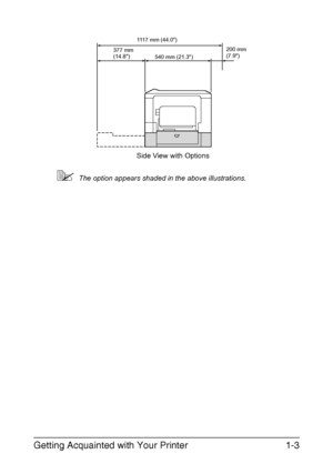 Page 18Getting Acquainted with Your Printer1-3
The option appears shaded in the above illustrations.
Side View with Options
1117 mm (44.0)
200 mm 
(7.9)
540 mm (21.3) 377 mm 
(14.8)
Downloaded From ManualsPrinter.com Manuals 