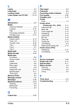 Page 280IndexA-9
L
Labels ............................................ 6-7
Letterhead ..................................... 6-8
Loading media ............................ 6-15
Lower feeder unit PF-P09 ........ 10-16
M
Maintenance .................................. 8-2
Media
Clearing misfeeds  ....................... 9-5
Loading ..................................... 6-15
Path ............................................ 9-4
Preventing misfeeds  ................... 9-3
Printable area  ..............................