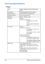 Page 273Technical Specifications A-2
Technical Specifications
Printer
Type Desktop Tandem Full Color A4 laser beam 
printer
Print system Electro photographic Printing System 
Exposure system 4 laser diode and 1 polygon mirror
Developing system Mono-component SMT
Resolution 600 dpi × 600 dpi × 3 bits
First print Simplex 
Monochrome/Full color:
12.9 seconds for A4 (plain 
paper)
12.8 seconds for Letter (plain 
paper)
Print speed Simplex 
Monochrome/Full color:
30.0 page per minutes for A4 
(plain paper)
31.6 page...