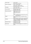 Page 275Technical Specifications A-4
Power supply 120 V, 60 Hz
220 to 240 V, 50 to 60 Hz
Power consumption 120 V: 1100 W or less
220 to 240 V: 1200 W or less
Energy Saver Mode: 15 W or less
Amperage 120 V: 8.8 A or less
220 to 240 V: 4.6 A or less
Acoustic Noise Printing: 54 dB or less
Standby: 39 dB or less
External dimensions Height: 330 mm (13.0)
Width: 419mm (16.5)
Depth: 527 mm (20.7)
Excluding some protruding parts and the 
manual feed tray
Weight approximately 23 kg (51 lb) (without consum-
ables)...