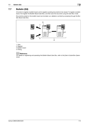 Page 143bizhub C360/C280/C2207-9
7.7 Bulletin (G3)7
7.7 Bulletin (G3)
A function to register a bulletin board, and to register a posting documents to be viewed. To register a bulletin 
board, first register the Bulletin Board User Box, and then save the document using the User Box mode.
Documents posted on the bulletin board can be taken out, deleted or printed by accessing through the Bul-
letin Board User Box.
1. View
2. Register
3. Bulletin board
4. Polling
dReference
For details on registering and operating...