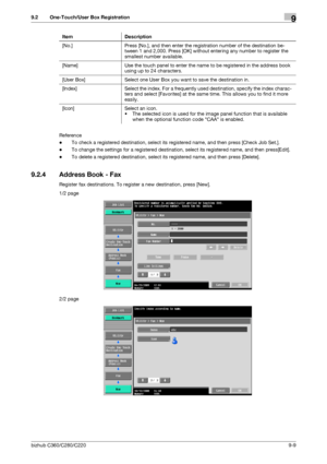 Page 178bizhub C360/C280/C2209-9
9.2 One-Touch/User Box Registration9
Reference
-To check a registered destination, select its registered name, and then press [Check Job Set.].
-To change the settings for a registered destination, select its registered name, and then press[Edit].
-To delete a registered destination, select its registered name, and then press [Delete].
9.2.4 Address Book - Fax
Register fax destinations. To register a new destination, press [New].
1/2 page
2/2 pageItem Description
[No.] Press...