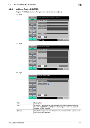 Page 180bizhub C360/C280/C2209-11
9.2 One-Touch/User Box Registration9
9.2.5 Address Book - PC (SMB)
Register PC (SMB) destinations. To register a new destination, press [New].
1/3 page
2/3 page
3/3 page
Item Description
[No.] Press [No.], and then enter the registration number of the destination be-
tween 1 and 2,000. Press [OK] without entering any number to register the 
smallest number available.
[Name] Use the touch panel to enter the name to be registered in the address book 
using up to 24 characters....