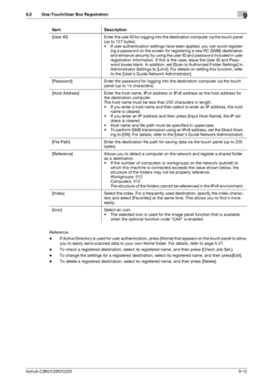 Page 181bizhub C360/C280/C2209-12
9.2 One-Touch/User Box Registration9
Reference
-If Active Directory is used for user authentication, press [Home] that appears on the touch panel to allow 
you to easily send scanned data to your own Home folder. For details, refer to page 5-21.
-To check a registered destination, select its registered name, and then press [Check Job Set.].
-To change the settings for a registered destination, select its registered name, and then press[Edit].
-To delete a registered destination,...