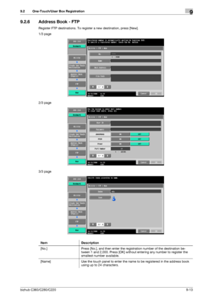 Page 182bizhub C360/C280/C2209-13
9.2 One-Touch/User Box Registration9
9.2.6 Address Book - FTP
Register FTP destinations. To register a new destination, press [New].
1/3 page
2/3 page
3/3 page
Item Description
[No.] Press [No.], and then enter the registration number of the destination be-
tween 1 and 2,000. Press [OK] without entering any number to register the 
smallest number available.
[Name] Use the touch panel to enter the name to be registered in the address book 
using up to 24 characters.
Downloaded...