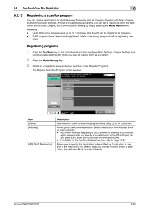 Page 189bizhub C360/C280/C2209-20
9.2 One-Touch/User Box Registration9
9.2.13 Registering a scan/fax program
You can register destinations to which faxes are frequently sent as programs together with Scan, Original, 
and Communication Settings. If these are registered as programs, you can call a registered set of the desti-
nation and its Scan, Original, and Communication Setting by simply pressing the Mode Memory key.
Reference
-Up to 400 normal programs and up to 10 [Temporary One-Touch] can be registered as...