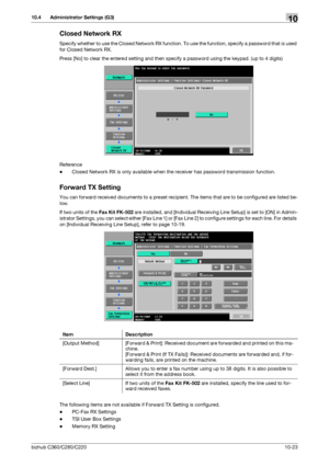 Page 219bizhub C360/C280/C22010-23
10.4 Administrator Settings (G3)10
Closed Network RX
Specify whether to use the Closed Network RX function. To use the function, specify a password that is used 
for Closed Network RX.
Press [No] to clear the entered setting and then specify a password using the keypad. (up to 4 digits)
Reference
-Closed Network RX is only available when the receiver has password transmission function.
Forward TX Setting
You can forward received documents to a preset recipient. The items that...