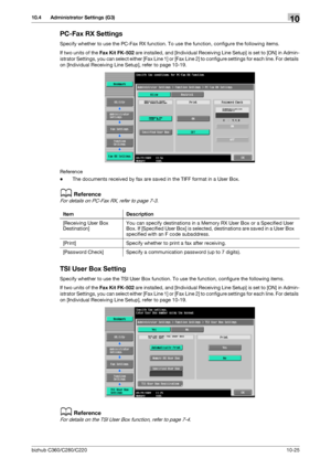 Page 221bizhub C360/C280/C22010-25
10.4 Administrator Settings (G3)10
PC-Fax RX Settings
Specify whether to use the PC-Fax RX function. To use the function, configure the following items.
If two units of the Fax Kit FK-502 are installed, and [Individual Receiving Line Setup] is set to [ON] in Admin-
istrator Settings, you can select either [Fax Line 1] or [Fax Line 2] to configure settings for each line. For details 
on [Individual Receiving Line Setup], refer to page 10-19.
Reference
-The documents received by...