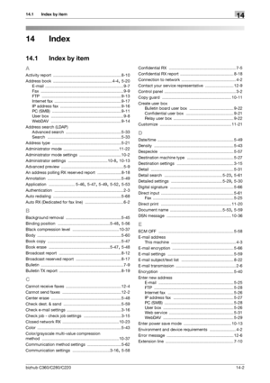 Page 292bizhub C360/C280/C22014-2
14.1 Index by item14
14 Index
14.1 Index by item
A
Activity report ............................................................ 8-10
Address book
 ....................................................4-4, 5-20
E-mail
 ..................................................................... 9-7
Fax
 ......................................................................... 9-9
FTP
 ...................................................................... 9-13
Internet fax...