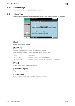 Page 87bizhub C360/C280/C2205-36
5.10 Scan Settings5
5.10 Scan Settings
Press [Scan Settings] to configure detailed scan settings.
5.10.1 Original Type
Select the original type based on the original contents. The original type you can select are as follows.
[Text]
Original that consists of only text.
[Text/Photo]
Select for originals consisting of both text and photos (halftones).
If you select [Text/Photo] or [Photo], you can also specify the photo type.
[Photo]
Original that consists of only photos...