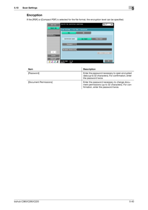 Page 91bizhub C360/C280/C2205-40
5.10 Scan Settings5
Encryption
If the [PDF] or [Compact PDF] is selected for the file format, the encryption level can be specified.
Item Description
[Password] Enter the password necessary to open encrypted 
data (up to 32 characters). For confirmation, enter 
the password twice.
[Document Permissions] Enter the password necessary to change docu-
ment permissions (up to 32 characters). For con-
firmation, enter the password twice.
Downloaded From ManualsPrinter.com Manuals 