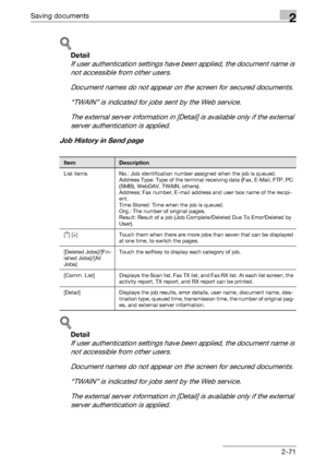 Page 106Saving documents2
C4512-71
!
Detail 
If user authentication settings have been applied, the document name is 
not accessible from other users.
Document names do not appear on the screen for secured documents.
“TWAIN” is indicated for jobs sent by the Web service.
The external server information in [Detail] is available only if the external 
server authentication is applied.
Job History in Send page
!
Detail 
If user authentication settings have been applied, the document name is 
not accessible from...