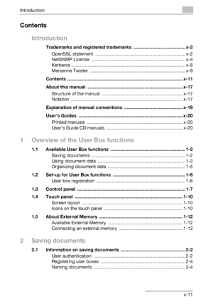 Page 12Introduction
C451x-11
Contents
Introduction
Trademarks and registered trademarks  ......................................... x-2
OpenSSL statement  ....................................................................... x-2
NetSNMP License  .......................................................................... x-4
Kerberos ......................................................................................... x-8
Mersenne Twister...