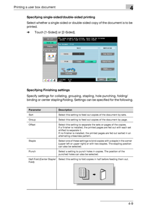 Page 144Printing a user box document4
C4514-9 Specifying single-sided/double-sided printing
Select whether a single-sided or double-sided copy of the document is to be 
printed.
%Touch [1-Sided] or [2-Sided].
Specifying Finishing settings
Specify settings for collating, grouping, stapling, hole punching, folding/
binding or center stapling/folding. Settings can be specified for the following.
ParameterDescription
Sort Select this setting to feed out copies of the document by sets.
Group Select this setting to...